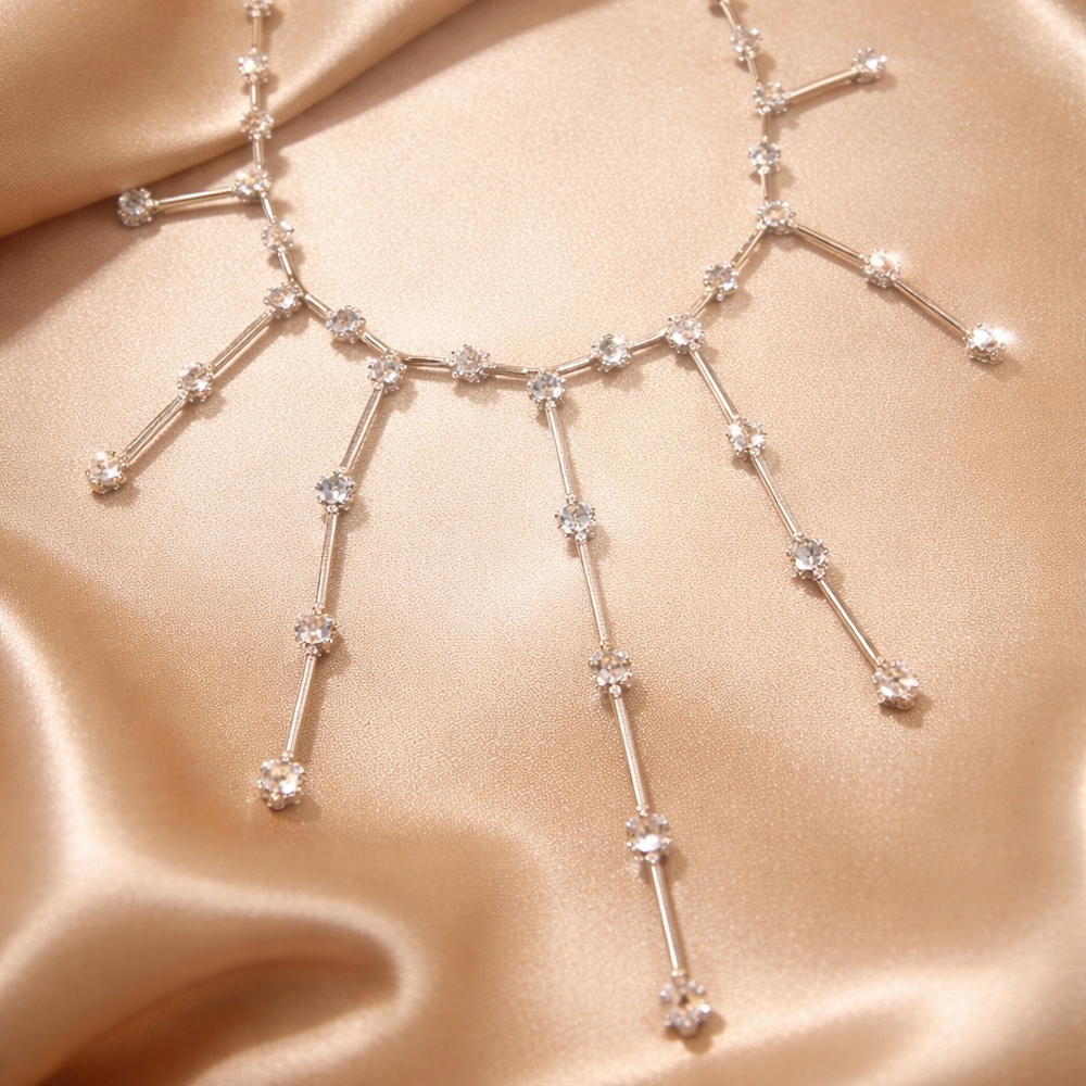 Vintage Silver Tone Rhinestone Fringe Statement Necklace ✨